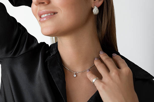 female wears necklace,earrings and necklace and shows against white background